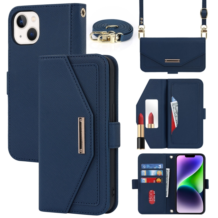 

For iPhone 15 Plus Cross Texture Crossbody Lanyard Leather Phone Case(Blue)