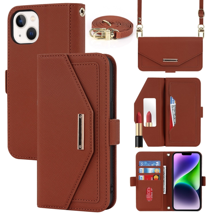

For iPhone 15 Plus Cross Texture Crossbody Lanyard Leather Phone Case(Brown)