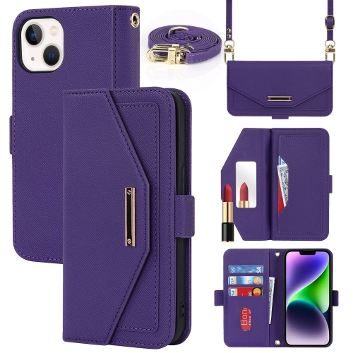 

For iPhone 15 Plus Cross Texture Crossbody Lanyard Leather Phone Case(Purple)