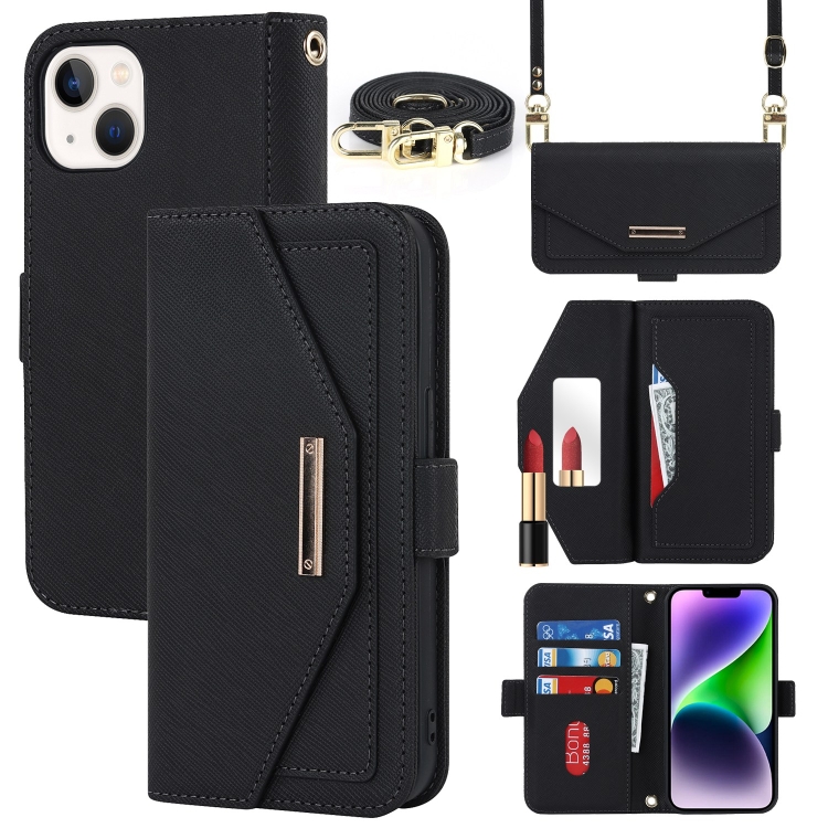 

For iPhone 15 Cross Texture Crossbody Lanyard Leather Phone Case(Black)