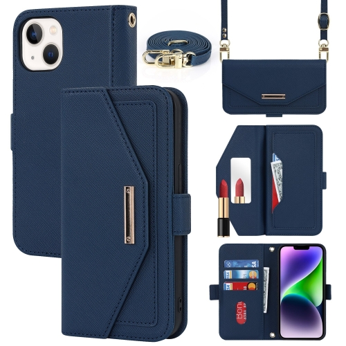 

For iPhone 15 Cross Texture Crossbody Lanyard Leather Phone Case(Blue)