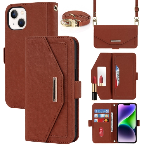 

For iPhone 15 Cross Texture Crossbody Lanyard Leather Phone Case(Brown)