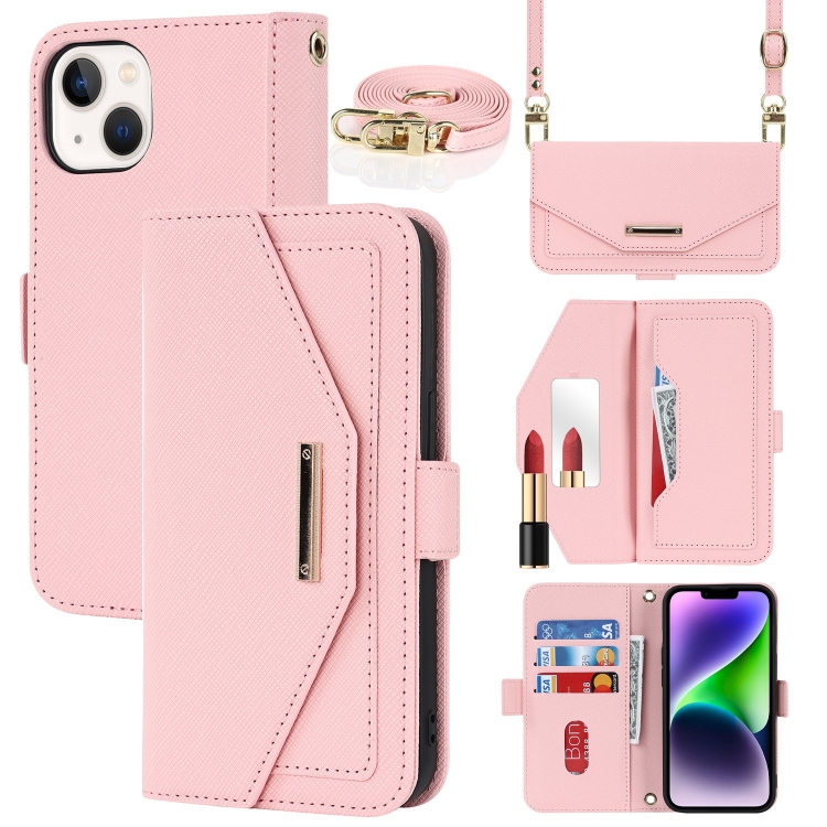 

For iPhone 15 Cross Texture Crossbody Lanyard Leather Phone Case(Pink)