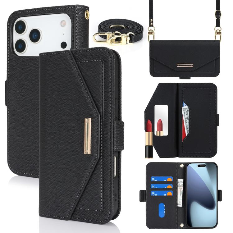 For iPhone 17 Pro Cross Texture Crossbody Lanyard Leather Phone Case(Black)