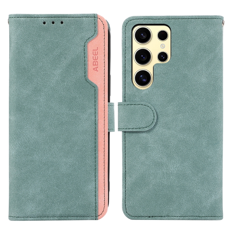 

For Samsung Galaxy S25 Ultra 5G ABEEL Color Block Magnetic RFID Leather Phone Case(Cyan-Pink)