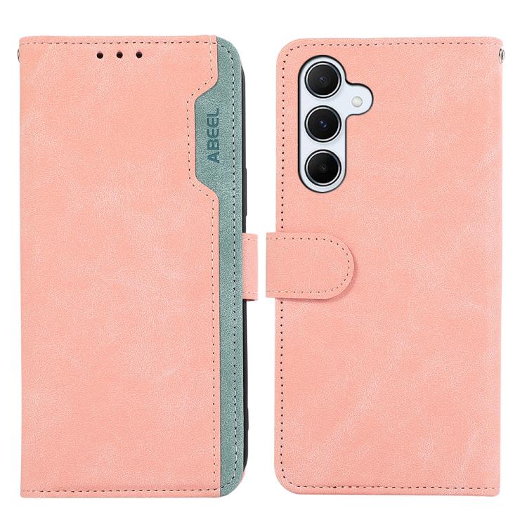 

For Samsung Galaxy S25 FE 5G ABEEL Color Block Magnetic RFID Leather Phone Case(Pink-Cyan)