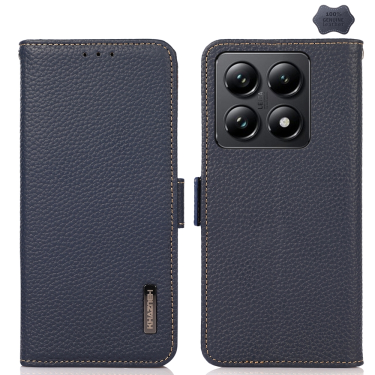 

For Xiaomi 14T Pro KHAZNEH Side-Magnetic Litchi Genuine Leather RFID Phone Case(Blue)