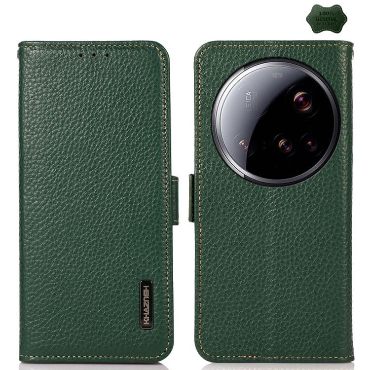 

For Xiaomi 15 Ultra KHAZNEH Side-Magnetic Litchi Genuine Leather RFID Phone Case(Green)