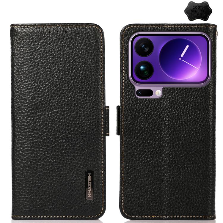 

For Xiaomi 17 Pro Max KHAZNEH Side-Magnetic Litchi Genuine Leather RFID Phone Case(Black)