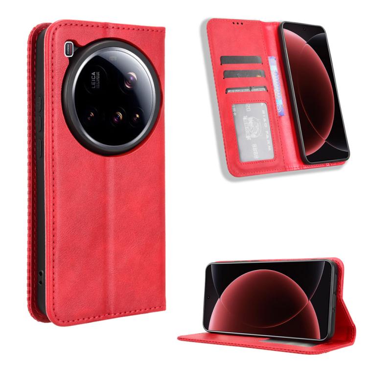 

For Xiaomi 15 Ultra Magnetic Buckle Retro Texture Leather Phone Case(Red)