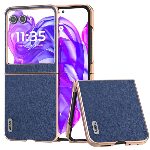 

For Motorola Razr 50 ABEEL Electroplating Frame Genuine Leather Luolai Series Phone Case(Dark Blue)