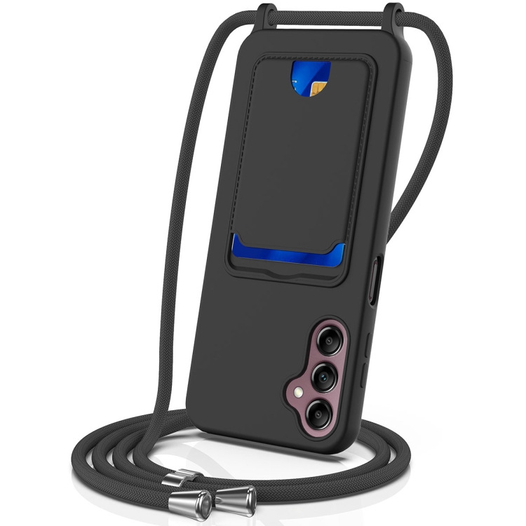 

For Samsung Galaxy S24 FE 5G Integrated Card Bag Solid Color Liquid Silicone Phone Case with Lanyard(Black)