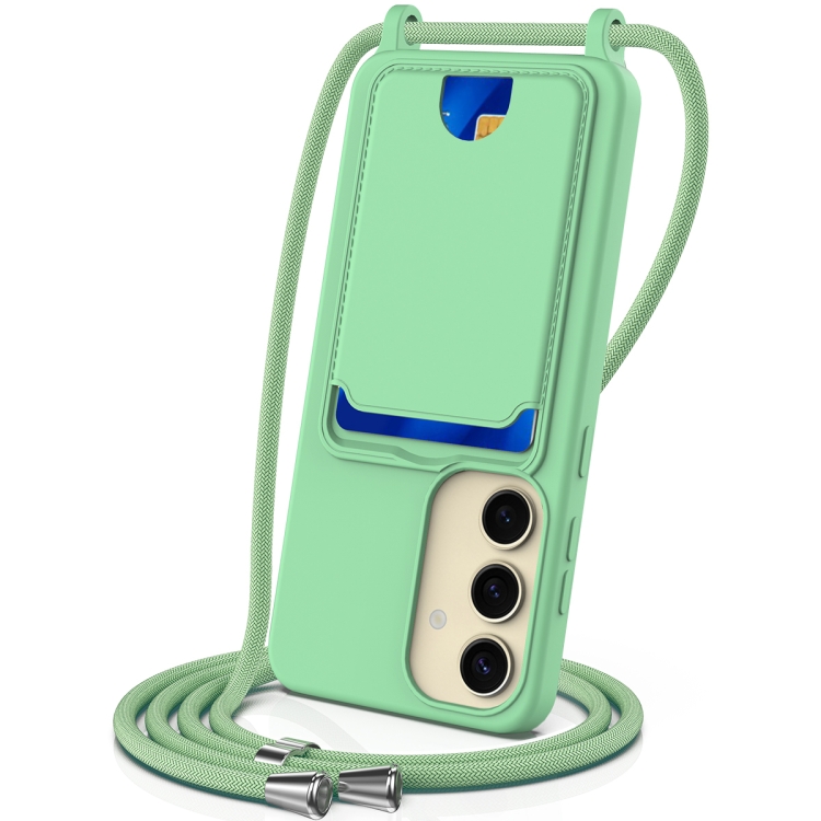 

For Samsung Galaxy S25 5G Integrated Card Bag Solid Color Liquid Silicone Phone Case with Lanyard(Green)