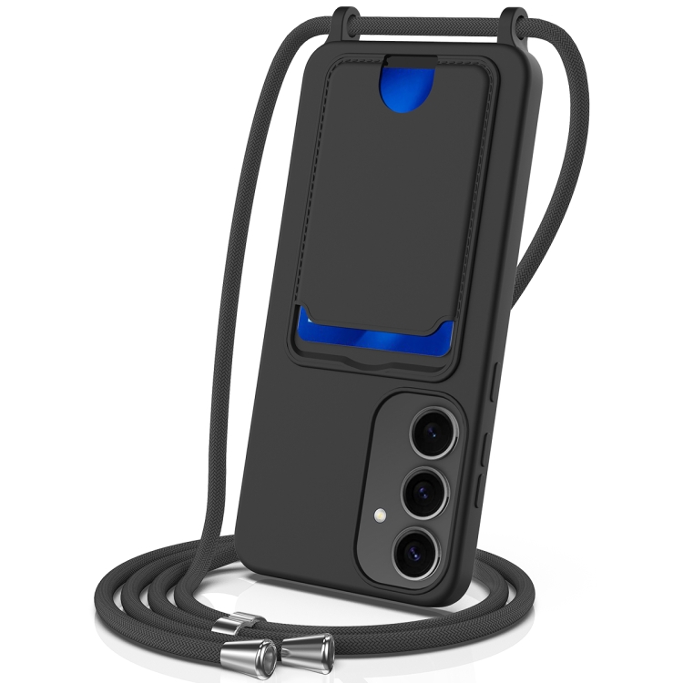 

For Samsung Galaxy S25+ 5G Integrated Card Bag Solid Color Liquid Silicone Phone Case with Lanyard(Black)