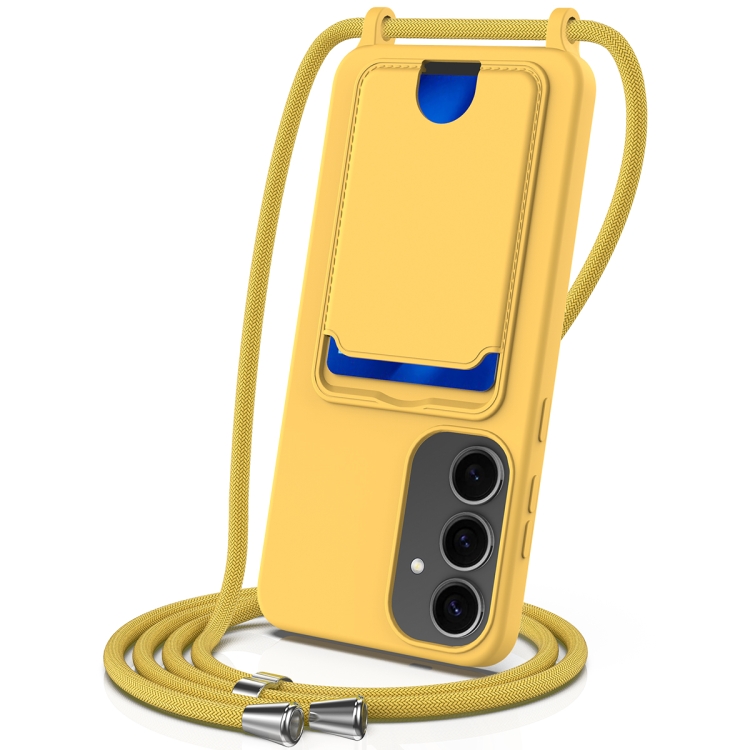 

For Samsung Galaxy S25+ 5G Integrated Card Bag Solid Color Liquid Silicone Phone Case with Lanyard(Yellow)