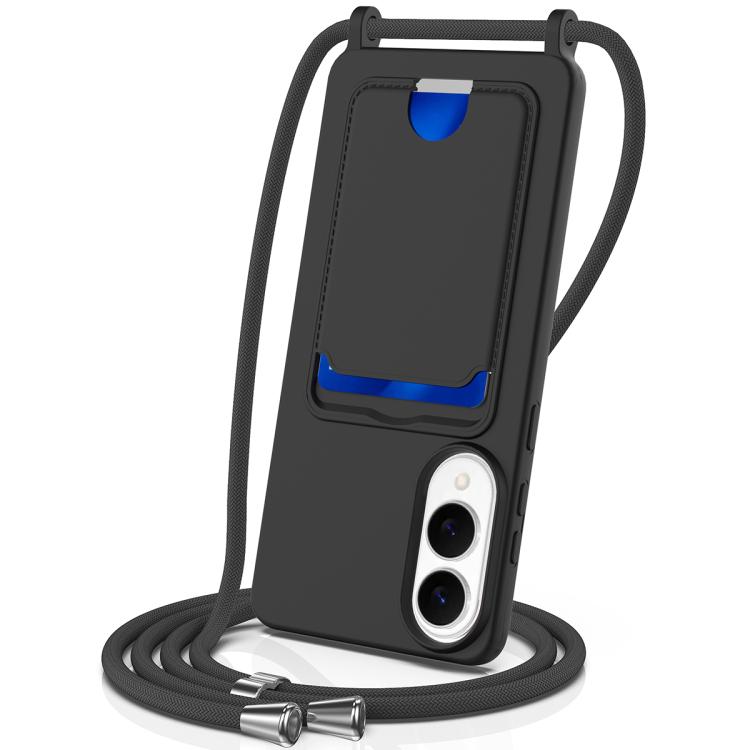

For Samsung Galaxy S25 Edge 5G Integrated Card Bag Solid Color Liquid Silicone Phone Case with Lanyard(Black)