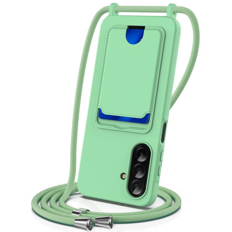 

For Samsung Galaxy S25 FE 5G Integrated Card Bag Solid Color Liquid Silicone Phone Case with Lanyard(Green)
