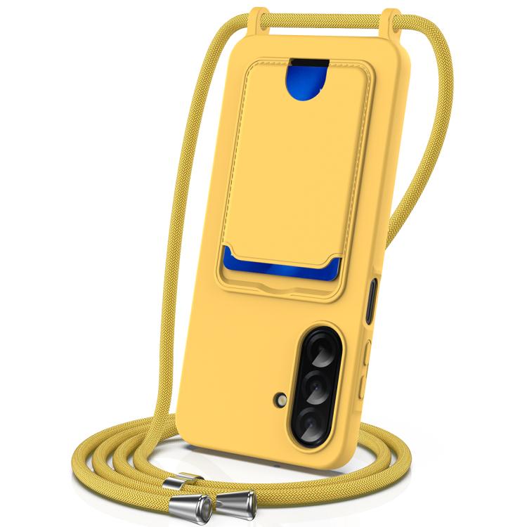 

For Samsung Galaxy S25 FE 5G Integrated Card Bag Solid Color Liquid Silicone Phone Case with Lanyard(Yellow)