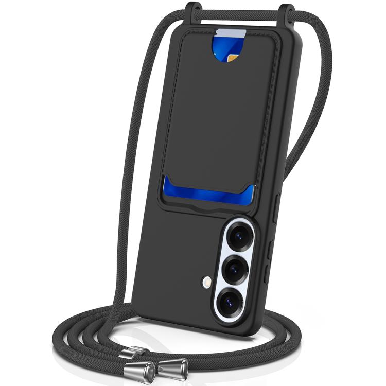 

For Samsung Galaxy S26 5G Integrated Card Bag Solid Color Liquid Silicone Phone Case with Lanyard(Black)