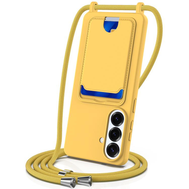 For Samsung Galaxy S26+ 5G Integrated Card Bag Solid Color Liquid Silicone Phone Case with Lanyard(Yellow)