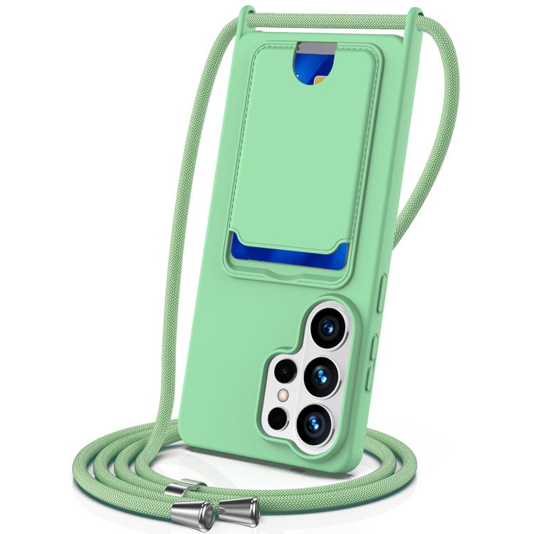 

For Samsung Galaxy S26 Ultra 5G Integrated Card Bag Solid Color Liquid Silicone Phone Case with Lanyard(Green)