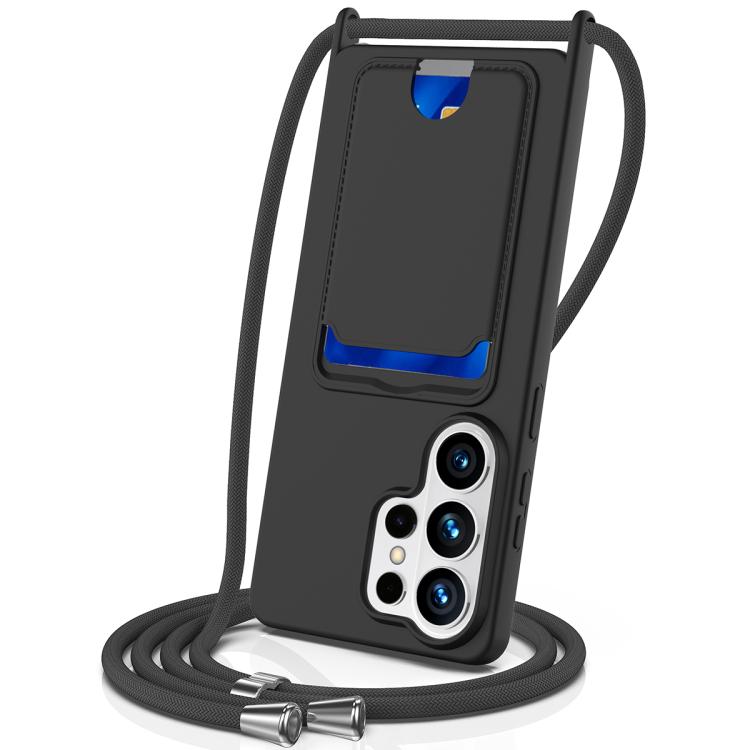 

For Samsung Galaxy S26 Ultra 5G Integrated Card Bag Solid Color Liquid Silicone Phone Case with Lanyard(Black)