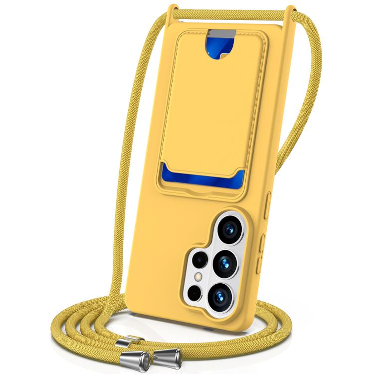 

For Samsung Galaxy S26 Ultra 5G Integrated Card Bag Solid Color Liquid Silicone Phone Case with Lanyard(Yellow)