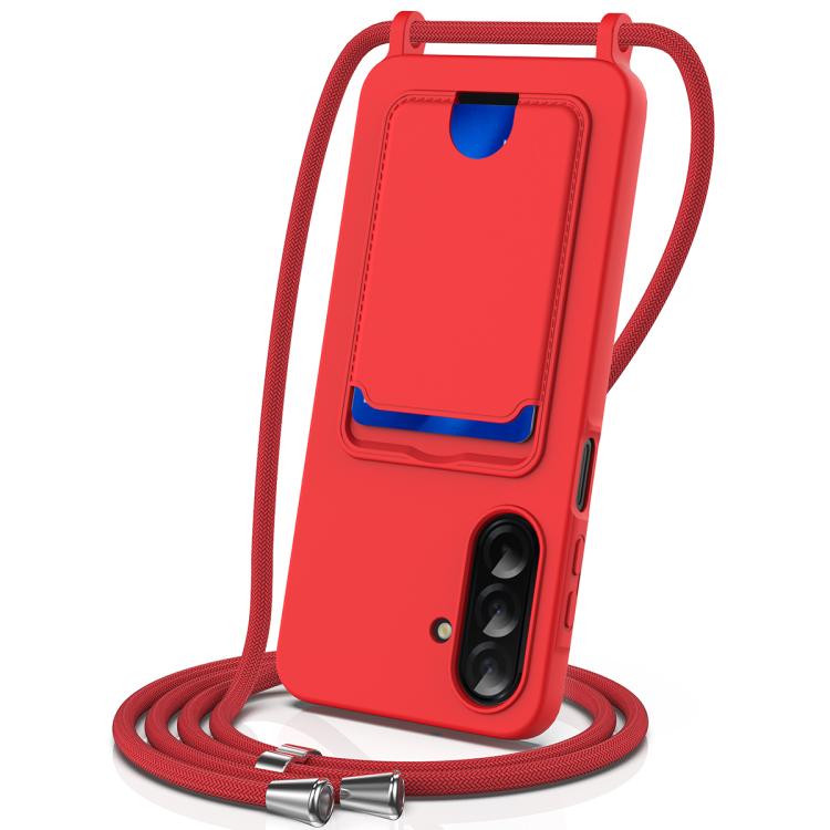 For Galaxy S26 FE 5G Integrated Card Bag Solid Color Liquid Silicone Phone Case with Lanyard(Red)