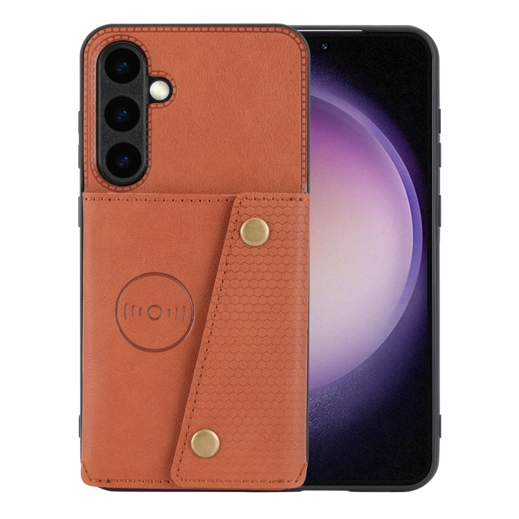 

For Samsung Galaxy S25 5G Double Buckle Card Slots Magnetic Phone Case(Brown)