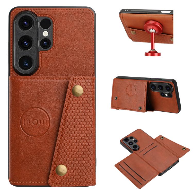 

For Samsung Galaxy S26 Ultra 5G Double Buckle Card Slots Magnetic Phone Case(Brown)