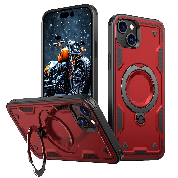

For iPhone 15 PC Hybrid TPU Armor MagSafe Ring Holder Phone Case(Red)