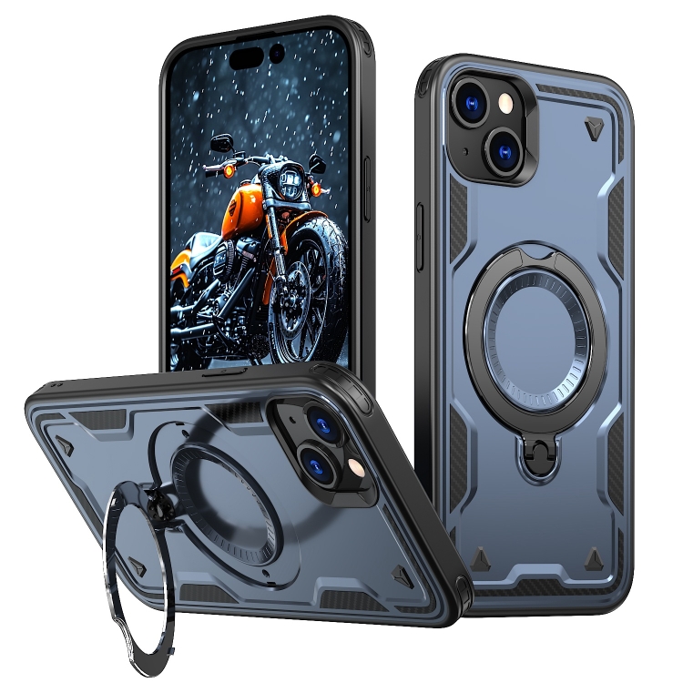 

For iPhone 15 PC Hybrid TPU Armor MagSafe Ring Holder Phone Case(Blue)