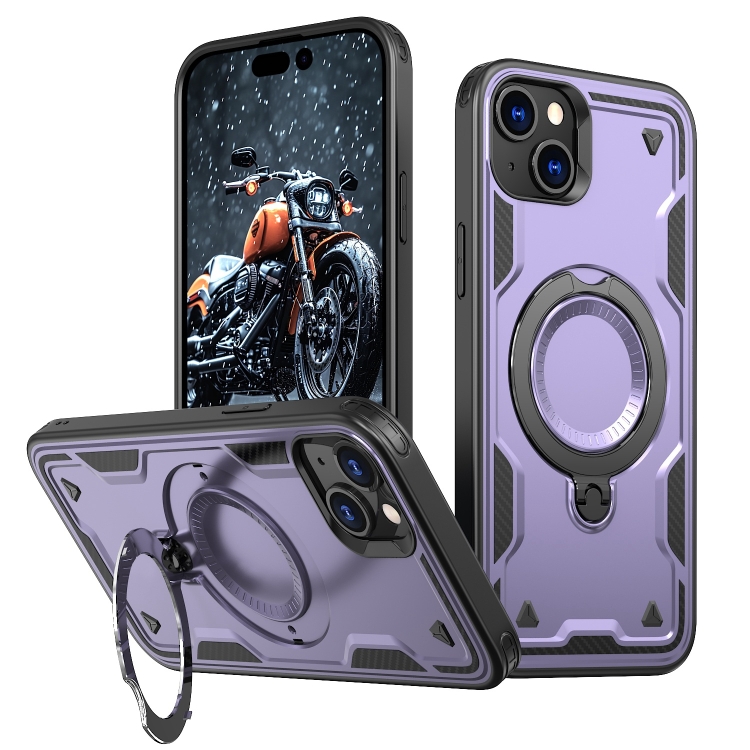 

For iPhone 15 PC Hybrid TPU Armor MagSafe Ring Holder Phone Case(Purple)