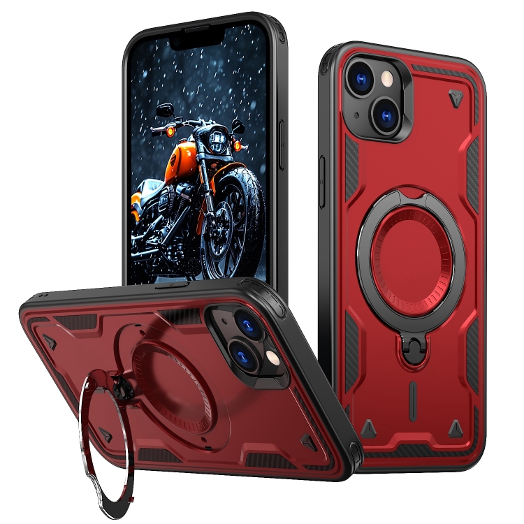 

For iPhone 14 Plus PC Hybrid TPU Armor MagSafe Ring Holder Phone Case(Red)