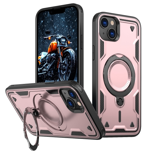 

For iPhone 14 Plus PC Hybrid TPU Armor MagSafe Ring Holder Phone Case(Rose Gold)