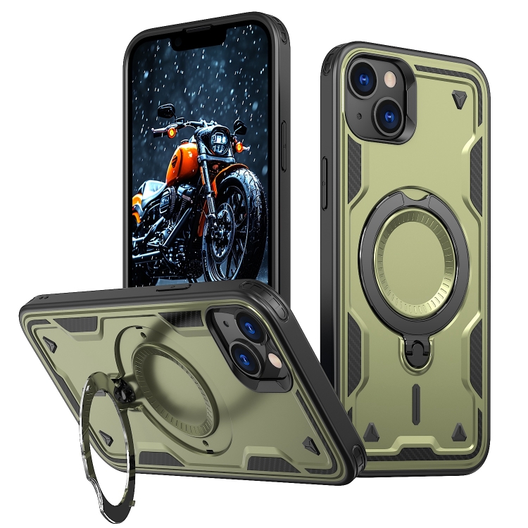 

For iPhone 14 PC Hybrid TPU Armor MagSafe Ring Holder Phone Case(Olive Green)