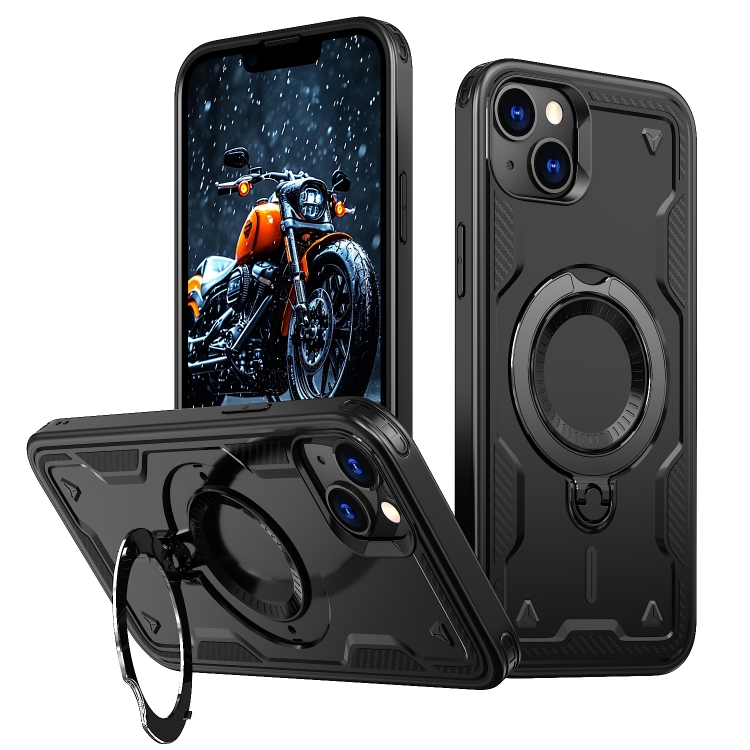 

For iPhone 14 PC Hybrid TPU Armor MagSafe Ring Holder Phone Case(Black)