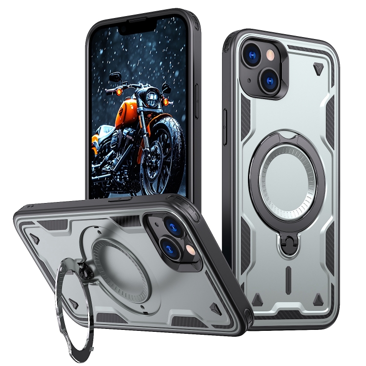 

For iPhone 14 PC Hybrid TPU Armor MagSafe Ring Holder Phone Case(Grey)
