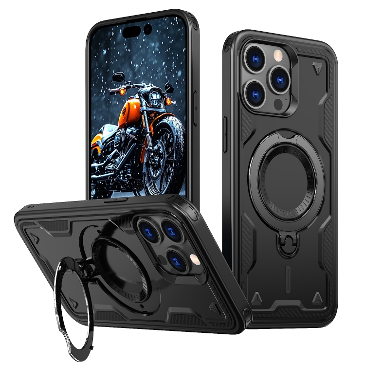 

For iPhone 14 Pro Max PC Hybrid TPU Armor MagSafe Ring Holder Phone Case(Black)