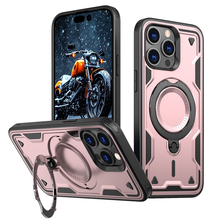 

For iPhone 14 Pro Max PC Hybrid TPU Armor MagSafe Ring Holder Phone Case(Rose Gold)