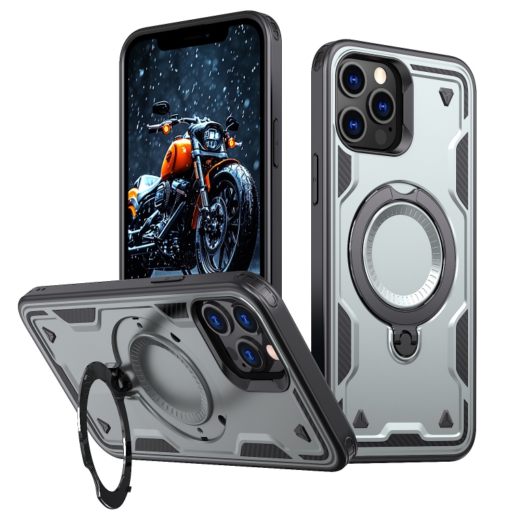 

For iPhone 12 Pro Max PC Hybrid TPU Armor MagSafe Ring Holder Phone Case(Grey)