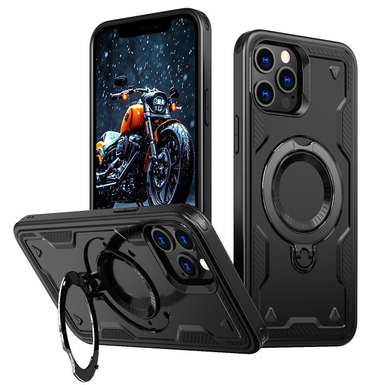

For iPhone 12 Pro PC Hybrid TPU Armor MagSafe Ring Holder Phone Case(Black)
