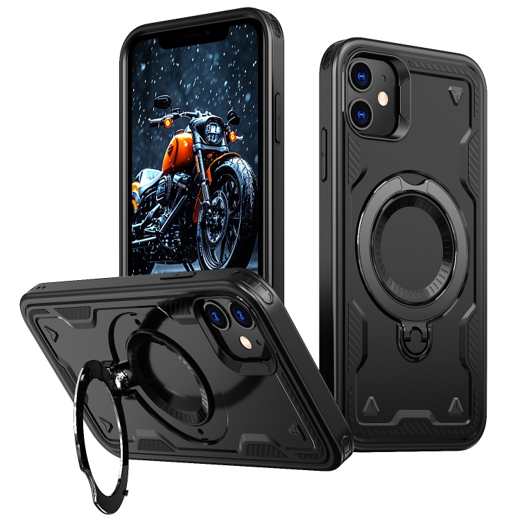 

For iPhone 11 PC Hybrid TPU Armor MagSafe Ring Holder Phone Case(Black)
