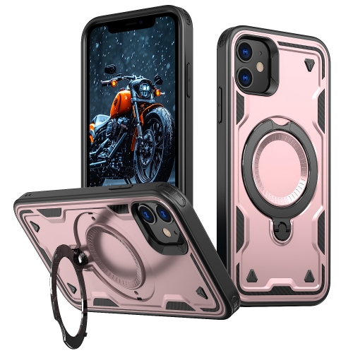 

For iPhone 11 PC Hybrid TPU Armor MagSafe Ring Holder Phone Case(Rose Gold)