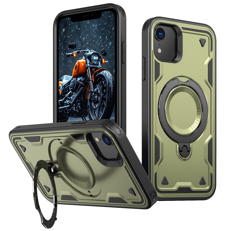 

For iPhone XR PC Hybrid TPU Armor MagSafe Ring Holder Phone Case(Olive Green)
