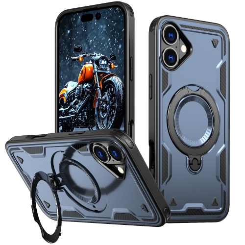 

For iPhone 16 PC Hybrid TPU Armor MagSafe Holder Phone Case(Blue)
