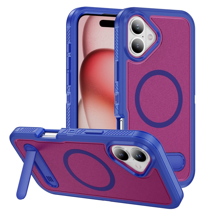 

For iPhone 16 Guard MagSafe Holder Matte PC Hybrid TPU Phone Case(Blue Rose Red)