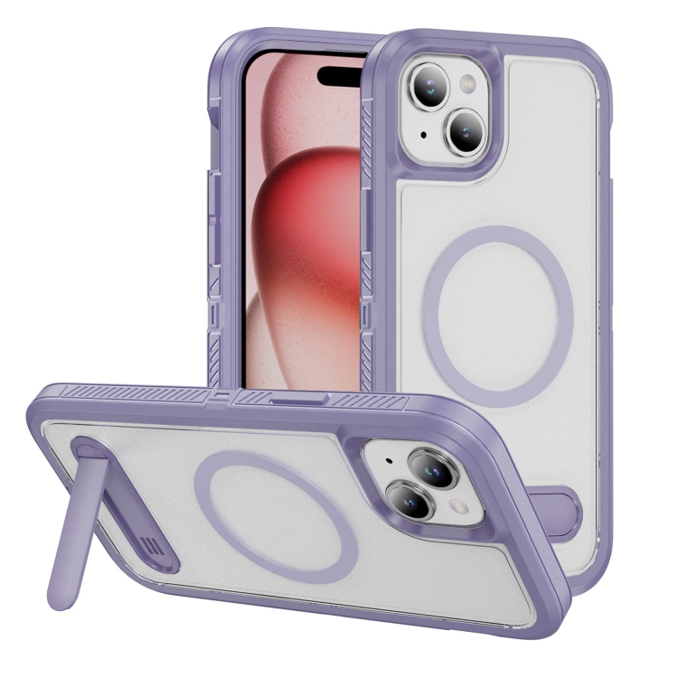 

For iPhone 15 Guard MagSafe Holder Matte PC Hybrid TPU Phone Case(Purple Transparent)
