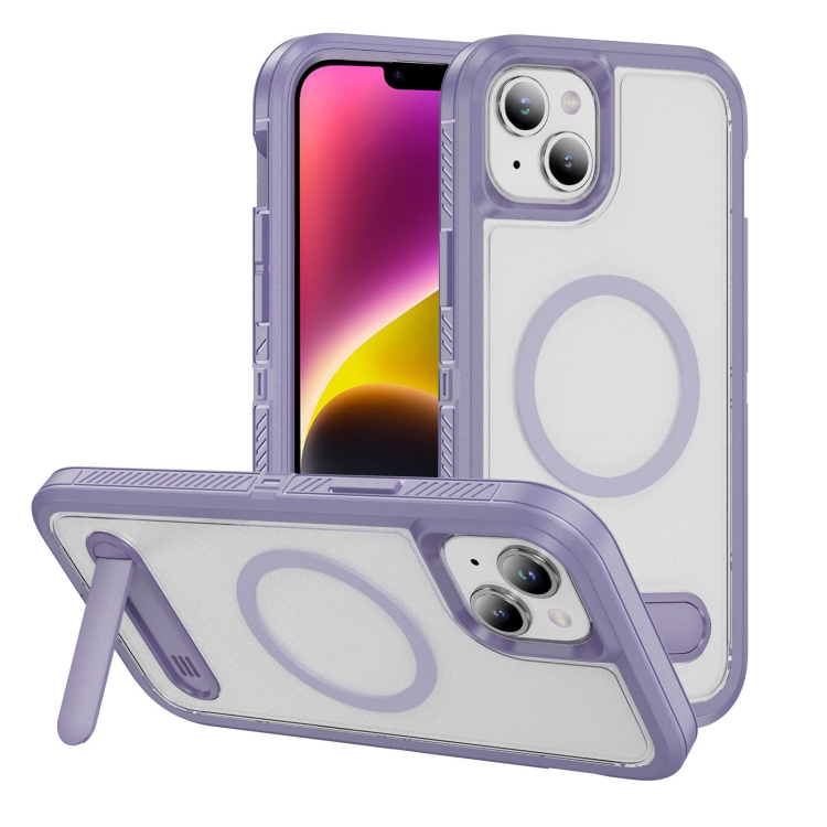 

For iPhone 14 Plus Guard MagSafe Holder Matte PC Hybrid TPU Phone Case(Purple Transparent)