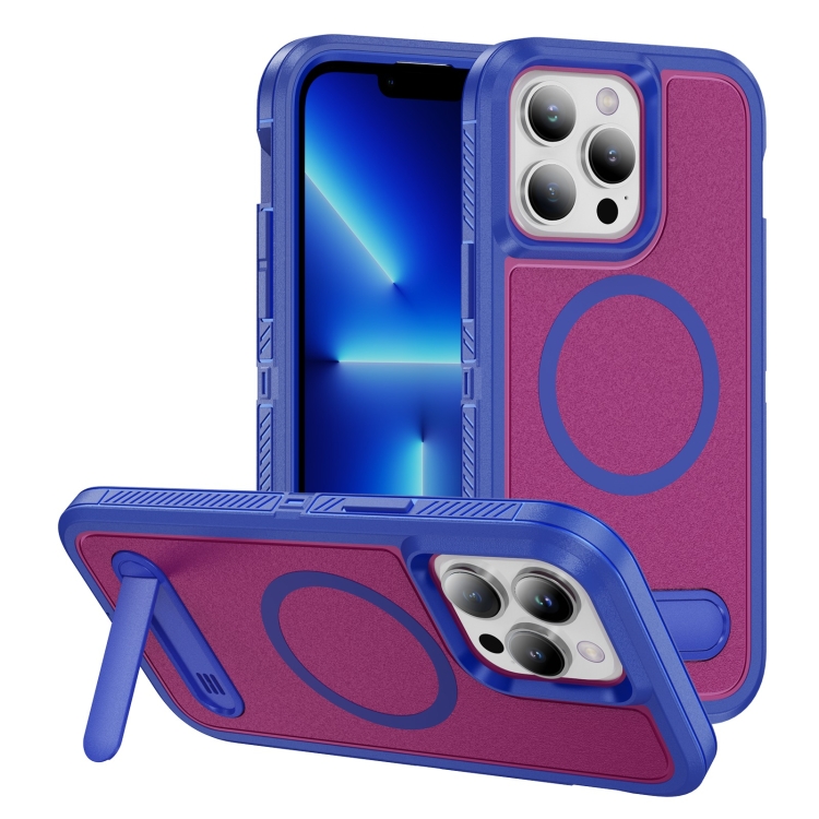 

For iPhone 13 Pro Max Guard MagSafe Holder Matte PC Hybrid TPU Phone Case(Blue Rose Red)